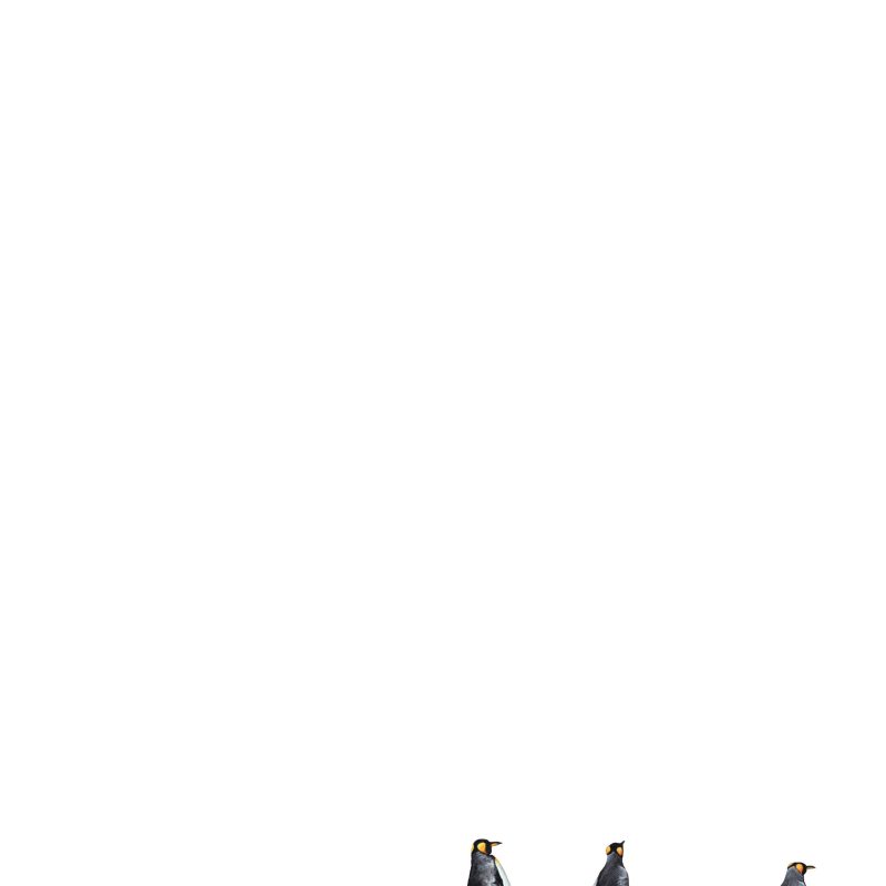 Three king penguins appear to be lost in a minimalist, white landscape