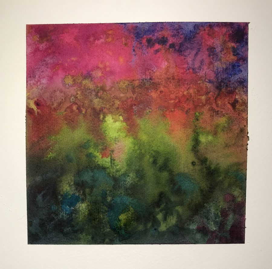 This is a square abstract watercolour painting in bright shades of magenta and purple on top and below are shades of green going darker towards the bottom