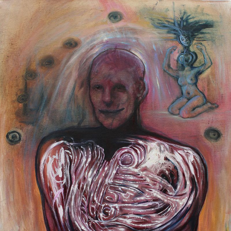  An image of a bald human with lots of light swirls inside their upper torso. There is a nude woman with a face with wild hair coming out of the top of her head. There are small circles a little like round eyes coming from the left up over the main central bald character in the middle. The main colours are reds and oranges with the white swirls inside the body being very bright.
