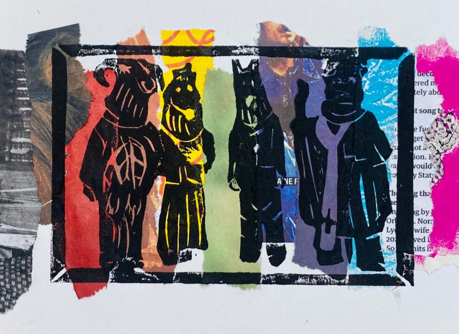 A collage artwork features four silhouetted figures with bold outlines against a fragmented, colorful background. The figures appear to be abstract representations of people or characters, with varying shapes and details.