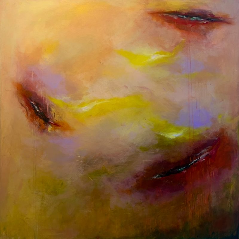 This is a square painting dominated by warm golden yellow, soft peach, and pale violet tones. The surface looks hazy and layered, like thin mist over skin.  Parts of a human face can be seen emerging from the colour. Two eyes appear near the upper section. They are partially closed and outlined with deep brown and reddish tones. Near the lower right, a mouth appears in dark red and burgundy. The features are blurred and seem to dissolve into the surrounding paint.  Across the painting, darker lines cut through the softer colours. These lines resemble healed cuts or stitched marks. Thin vertical drips run down the surface, especially near the eyes, giving a sense of gravity and slow movement.  The central area glows with brighter yellow, like light passing over skin. The rest of the painting shifts between softness and shadow.  The overall feeling is intimate and reflective. The face does not feel complete. It feels layered, marked, and remembered.