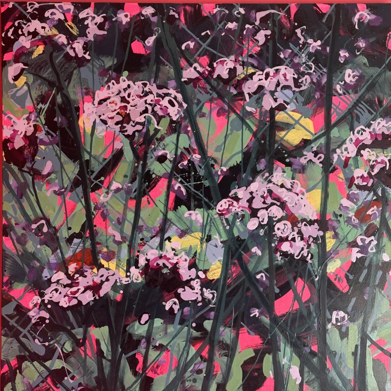 Purple flowers on long stalks on a bright pink backgroung