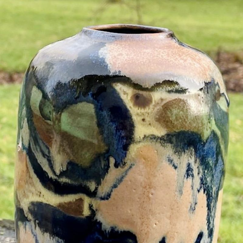 Hand thrown ceramic vessel with abstract oxide glazes