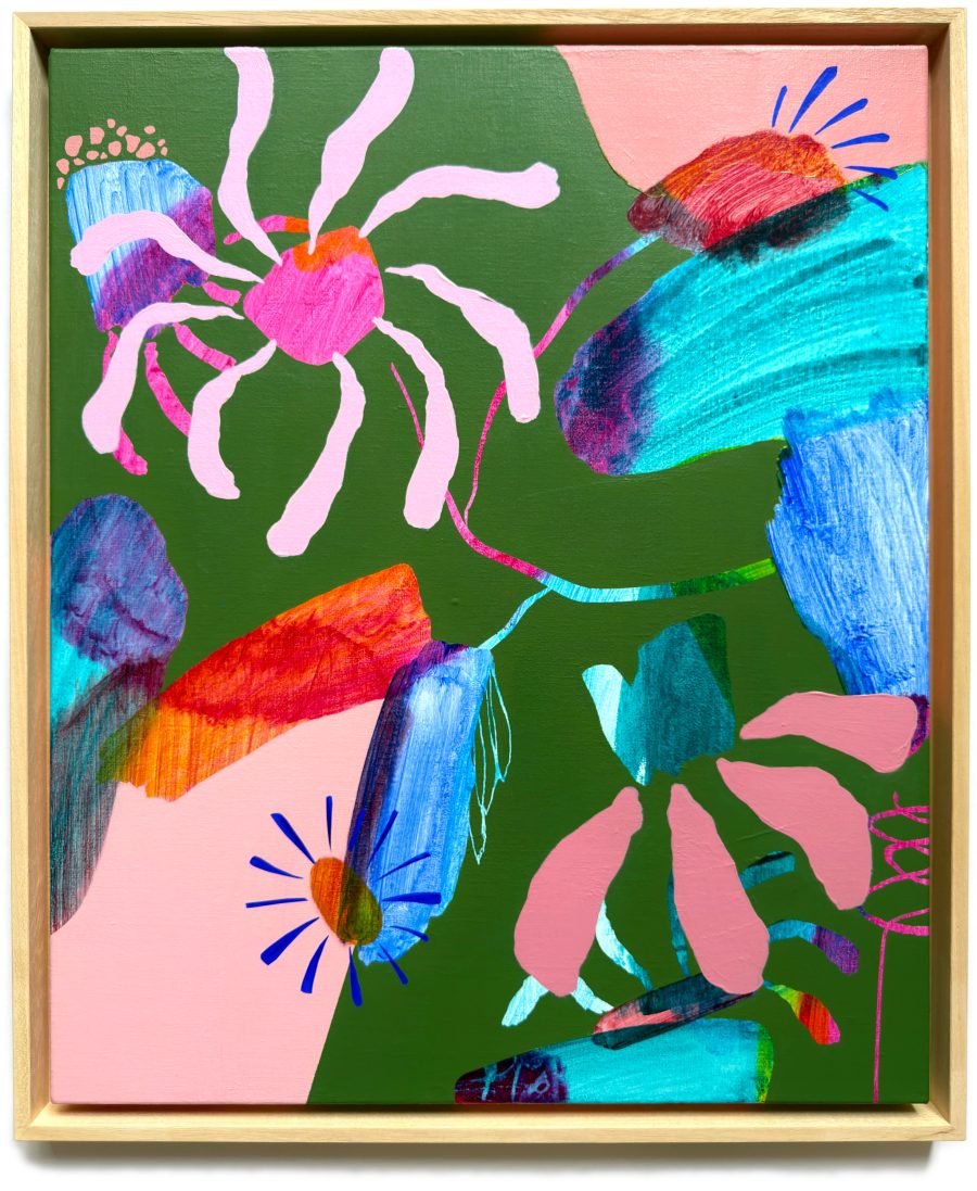 Vibrant and colourful painting in mostly verdant green with pink, orange, violet, and blue flower forms, blossoms and vines. Translucent colours interact and glow through opaque to make a beautiful colourfield.