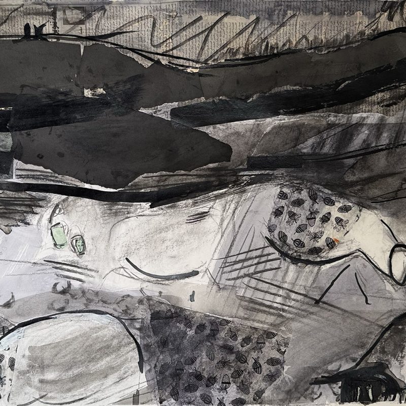 Bedtime sheep strolling to the other side of the field below the South Downs. Mixed media image using ink, charcoal and irreverent collage, ( some recycled images from the great painting masters).