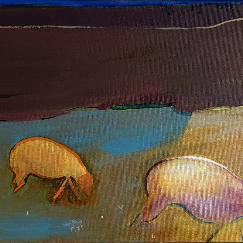 Bedtime sheep migrating to the other side of the field below the Downs. The sheep glow whilst the ground is bathed in a cerulean blue light.