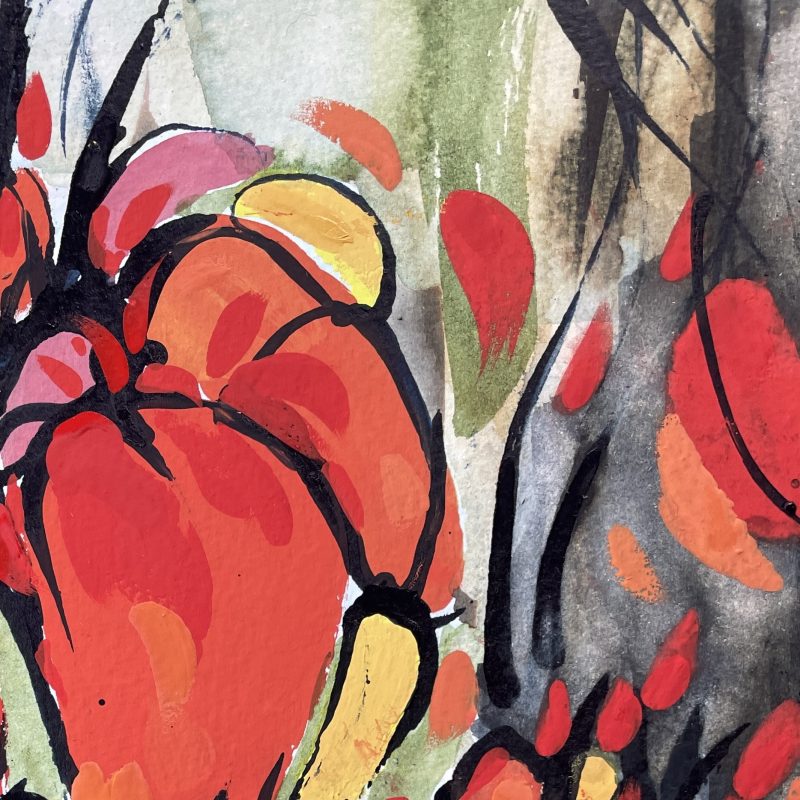 A mixed media work of some red and orange flowers in a loose fluid style
