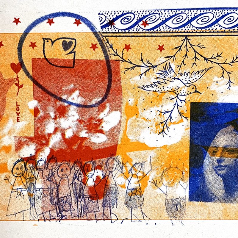  A small 3 colour print with 3 birds flying over blossoms and stars