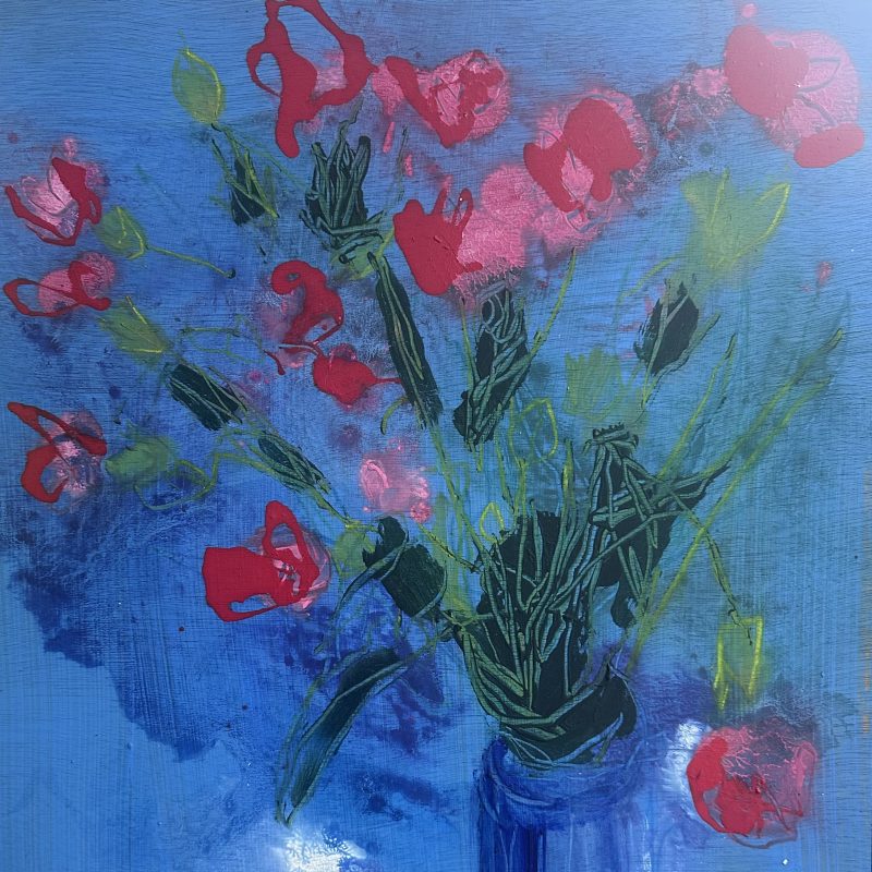 Pink flowers on a bright blue background 