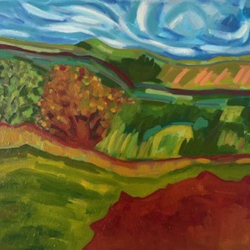 colourful patterned landscapes of hills , valleys and mountains.