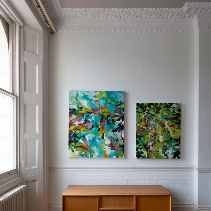 Two paintings on the wall of Clara's gallery - Wilkinson Contemporary