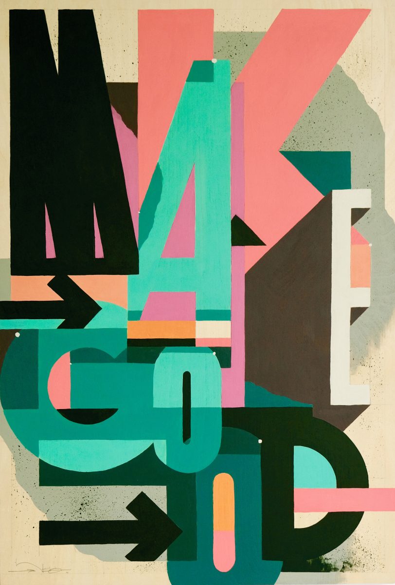 A bold poster made of large overlapping letters that spell “LOVE ART.” Each letter is a different bright colour and shape, layered like cut-out paper. The background is pale and speckled, making the colourful letters feel playful, loud, and modern.