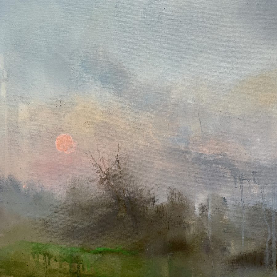 a hazy oil painting of a winter moon rising
