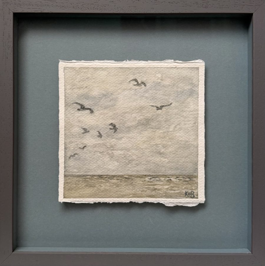  The sea can have a way of shaping our emotions, the noise, the light breeze or howling gale, the squawks of the gulls, the clashing of pebbles from the wash… it can supercharge and interrupt whatever narrative is being played out in our minds.  While the sea is everchanging, our feet on the ground are not. Standing, walking on solid ground, my paintings capture a moment -  attempting to ground the emotion blending the paint on textured canvas or paper. Deep indigo blues, mixed with yellow ochre creating a variety of blue and green hues which reflect the different shadows of the sea and the breaking waves.  When using thicker oil paints, the paints are mixed together across the texture of the cotton canvas.   For the watercolour paintings, I have used khadi cotton rag paper - made in South India. The paper brings a thick textured finish for the square watercolour paintings and I love to leave the rough edging exposed. The paintings appear floating on the mount and framed with matching spacers and a hand finis