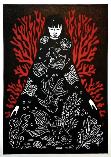 Red coral glows behind female figure whose clothing protects the species of the sea. 