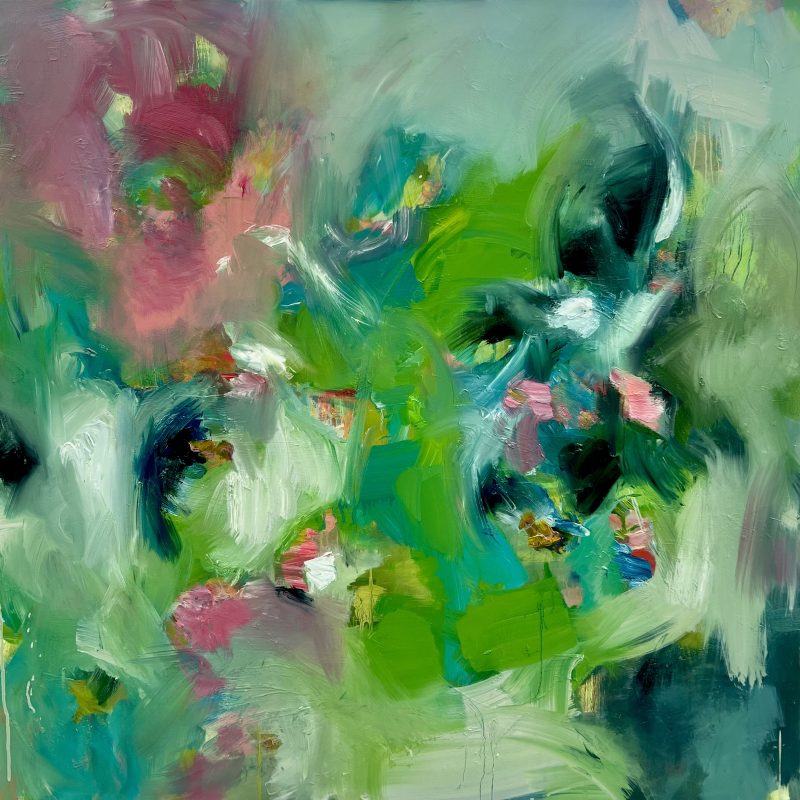 Multi layered oil on canvas abstract green painting 