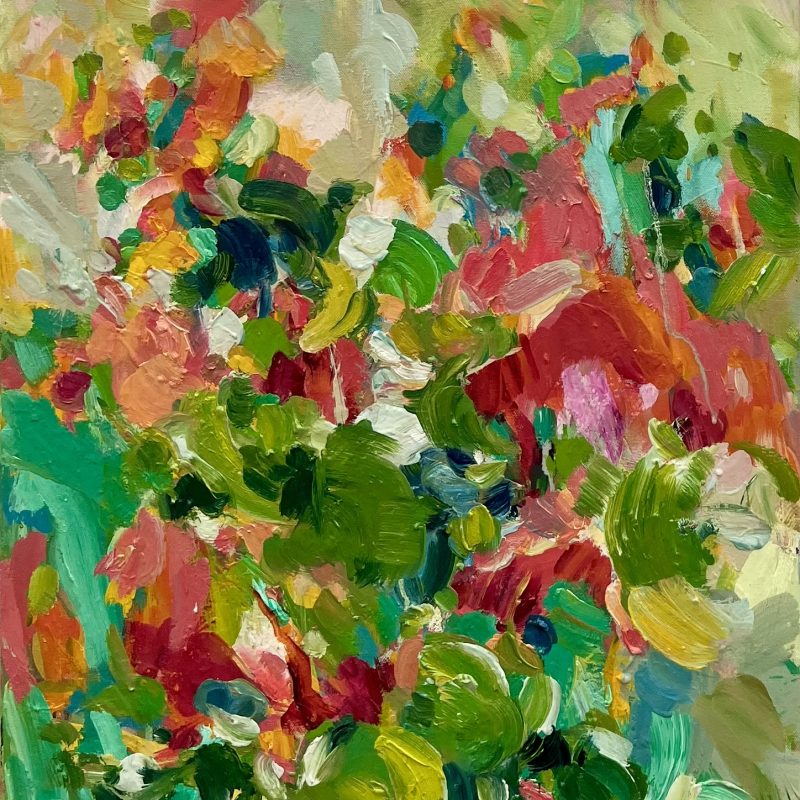 Summer Flower oil painting abstracted in pinks and greens 