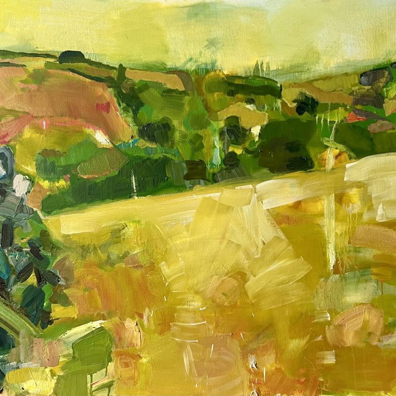 A yellow and green abstract landscape oil painting