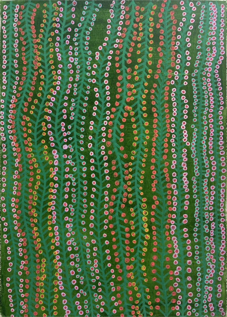 This is a vertically oriented painting filled edge to edge with repeating plant-like forms set against a deep green background.  From top to bottom, tall, evenly spaced stems run in parallel lines. Each stem is painted in a slightly lighter green than the background and has small diagonal offshoots, forming a simple leaf pattern that repeats consistently across the surface.  Along each stem hang rows of small circular dots. The dots vary in colour, including pink, pale blue, white, yellow and red. Many are layered, with one colour nested inside another, creating a target-like effect.  The repetition creates a rhythmic pattern, almost like rows of beads or seeds suspended in vertical strands. The overall feeling is dense, ordered and vibrant, with strong contrast between the rich green ground and the bright, playful dots.