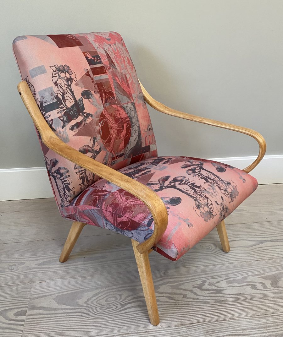 Bentwood armchair in pink graphic linen.