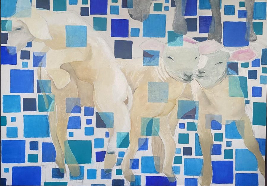 This is an oil painting with three cows and floating blue squares which cover the canvas