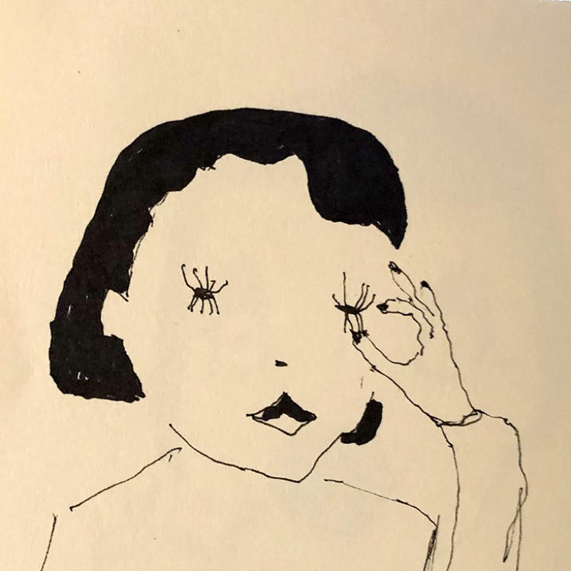 line drawing of a woman with a black bob haircut picking something out of her eyelash 