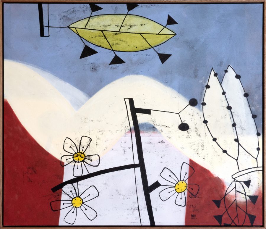 An abstract image of a woman lying under a flowering tree.