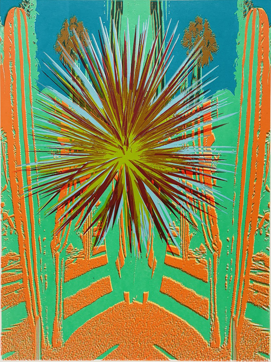 A bright coloured spike flower surrounded by cacti. 