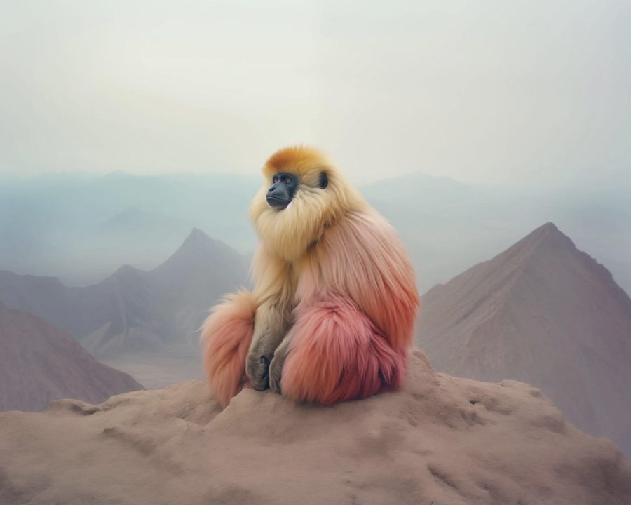 A softly coloured, long-furred gibbon sits on a rocky outcrop, gazing over hazy, pastel mountains in a calm, dreamlike landscape.