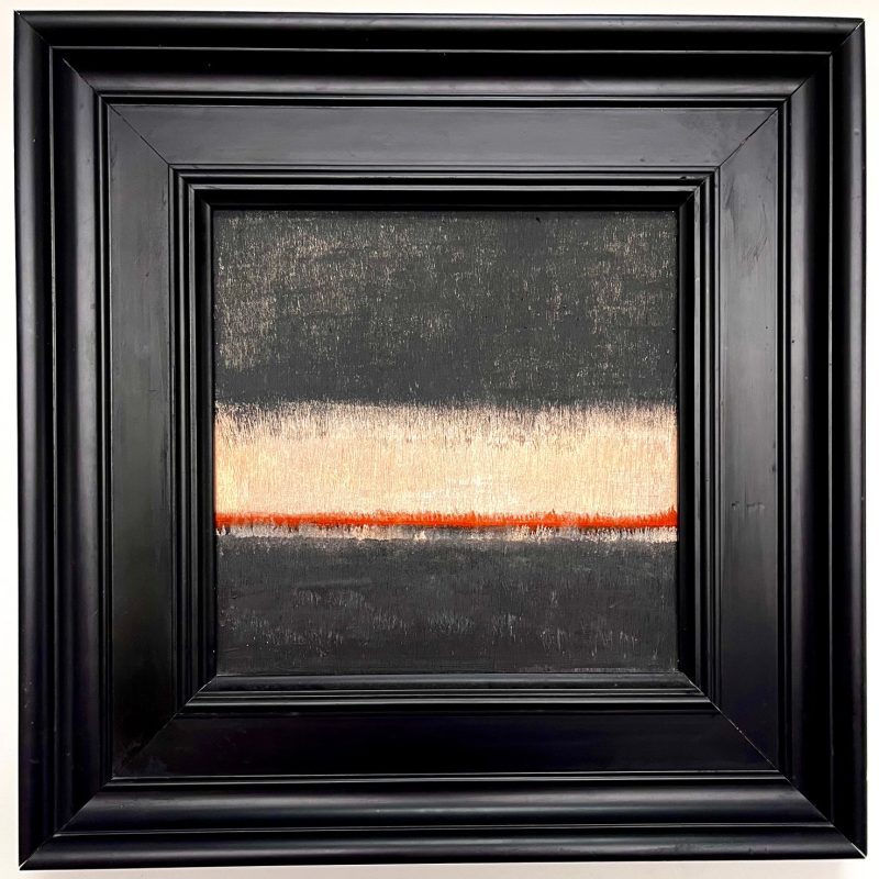 Deep black frame, black gold landscape  with red horizontal horizon line.