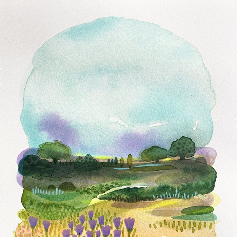 watercolour landscape with floral field leading to a wood and an orb of sky
