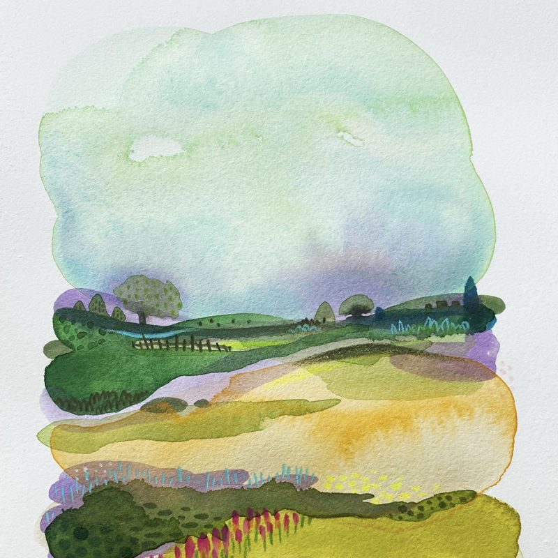 watercolour landscape with floral field leading to a wood and an orb of sky