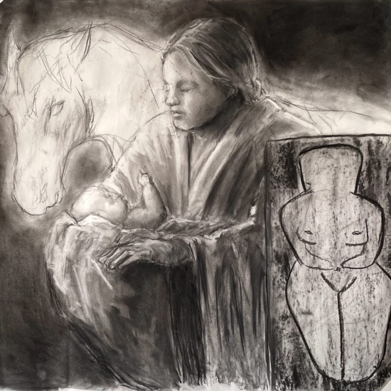 Guardian is a charcoal drawing on paper, 84 x 87cm,