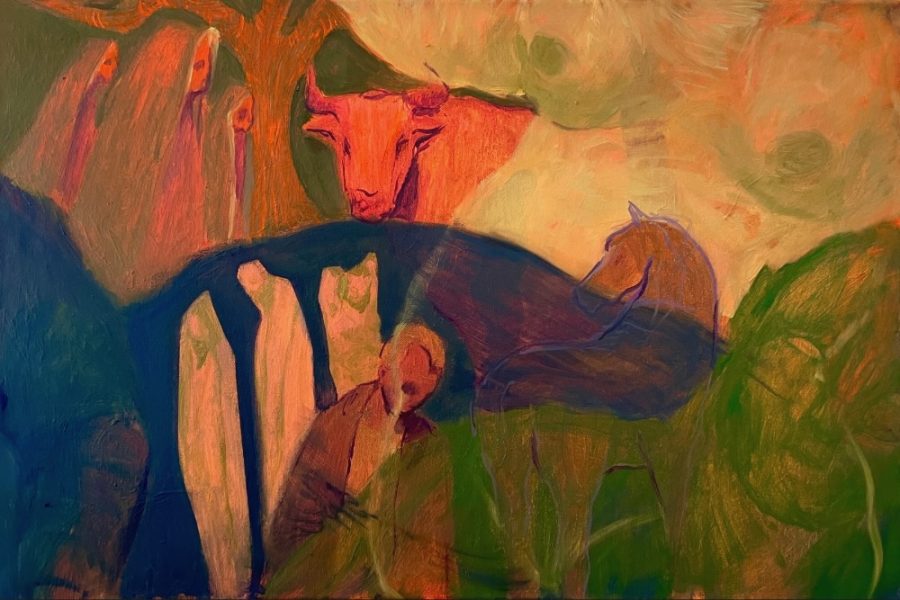 Oil painting in predominantly orange, yellow and green, in which figures and animals may be discerned.