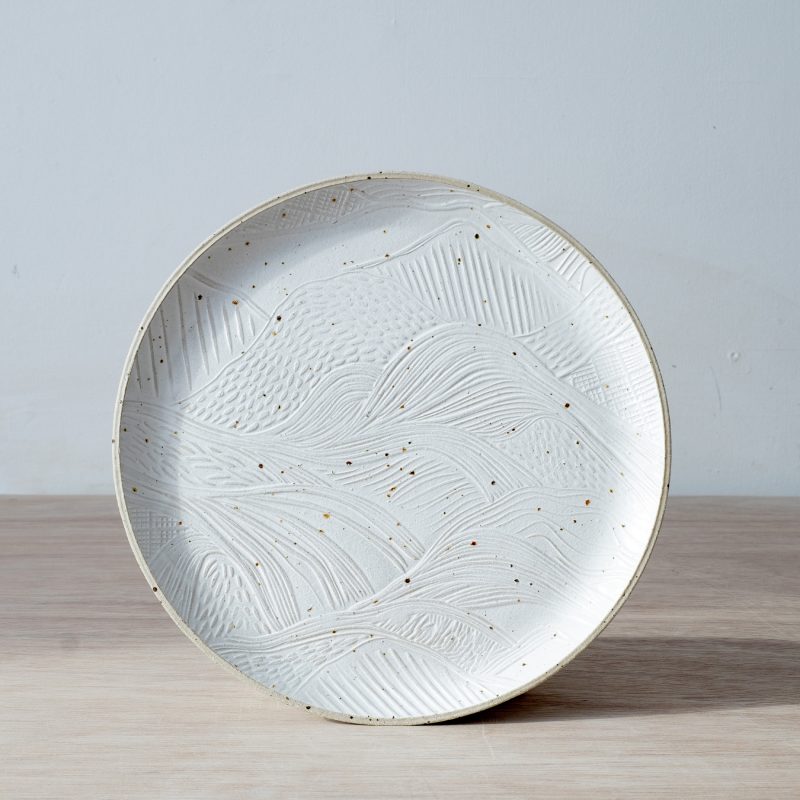 White lino printed slab built dinner plate
