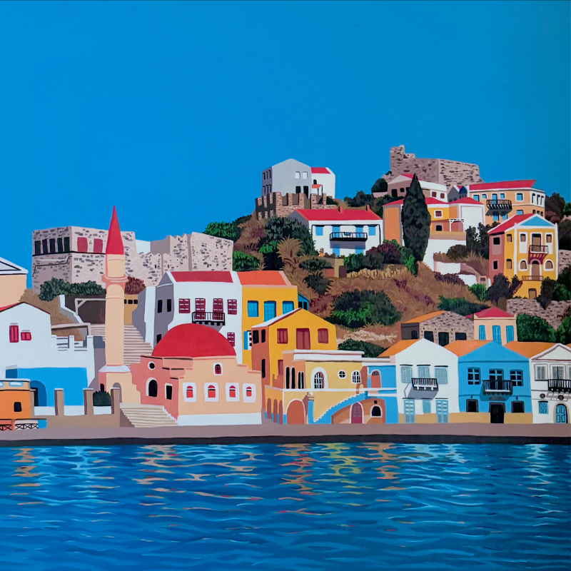 A painting of Kastellorizo on a sunny day with blue skies and reflections in the sea