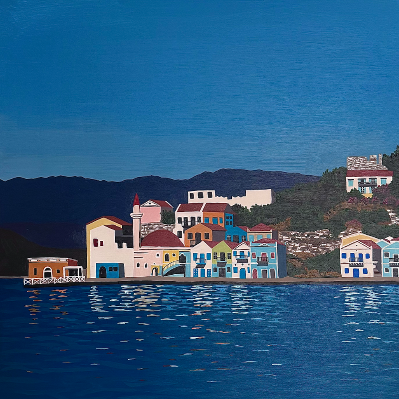 A painting of Kastellorizo on a sunny day with blue skies and reflections in the sea