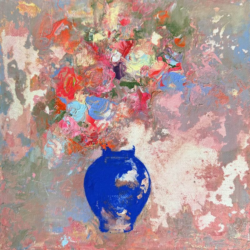 Richly textured floral abstract with setting plaster background and Yves Klein blue vase