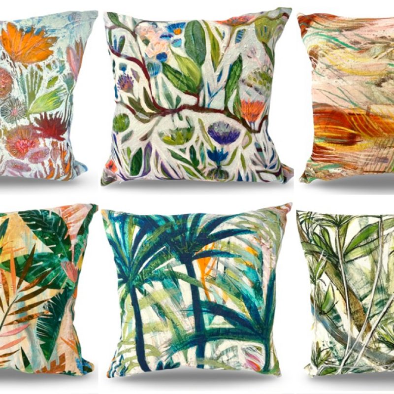 Six patterned linen cushions