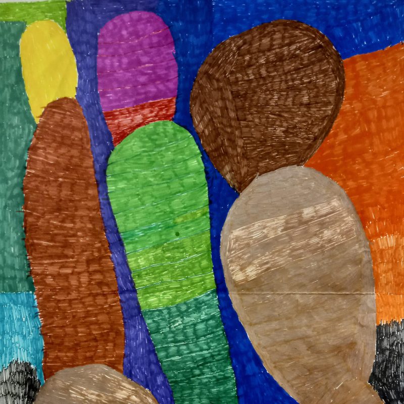 Oval shapes, bright,  bold colours, landscape-like abstract image. 