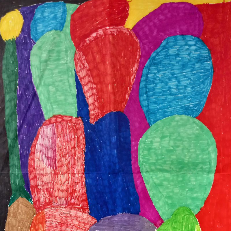 Oval shapes, bright,  bold colours, landscape-like abstract image. 