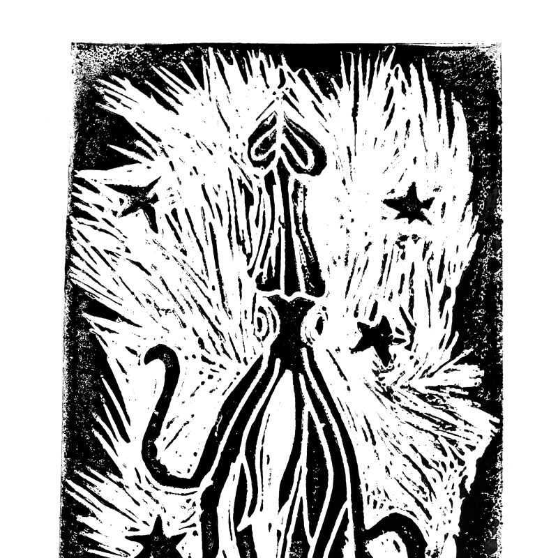 A lino print of a squid