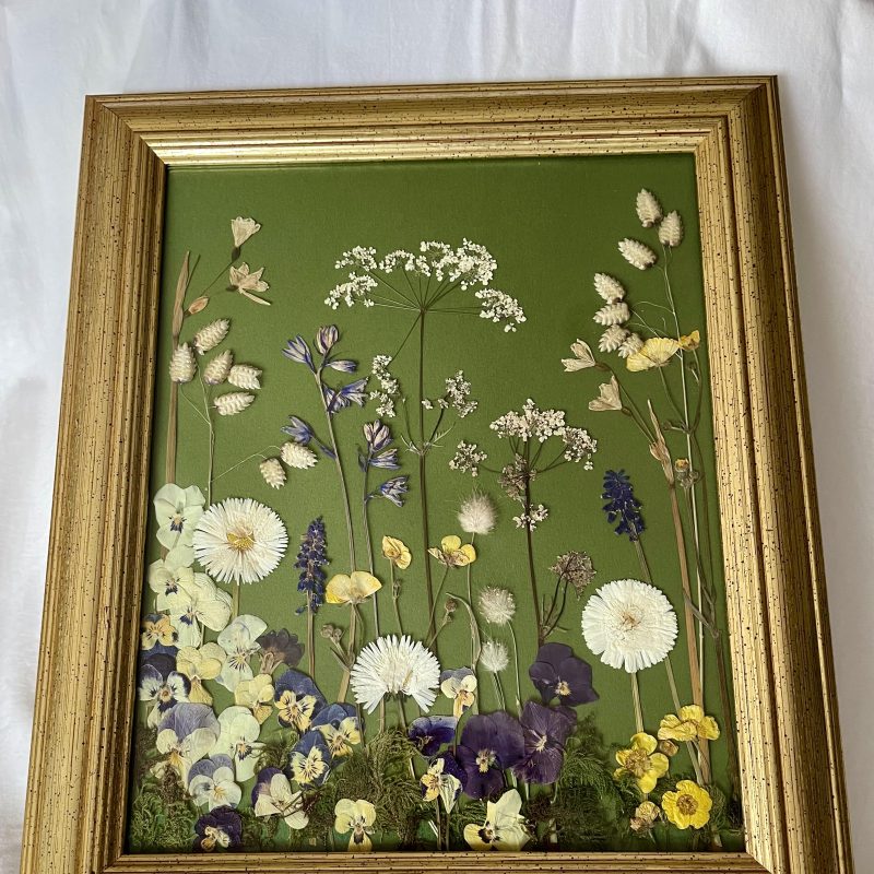 A gold painted wooden picture frame with glass containing pressed dried flowers and grasses grown in my garden.The flowers include viola's many colours.