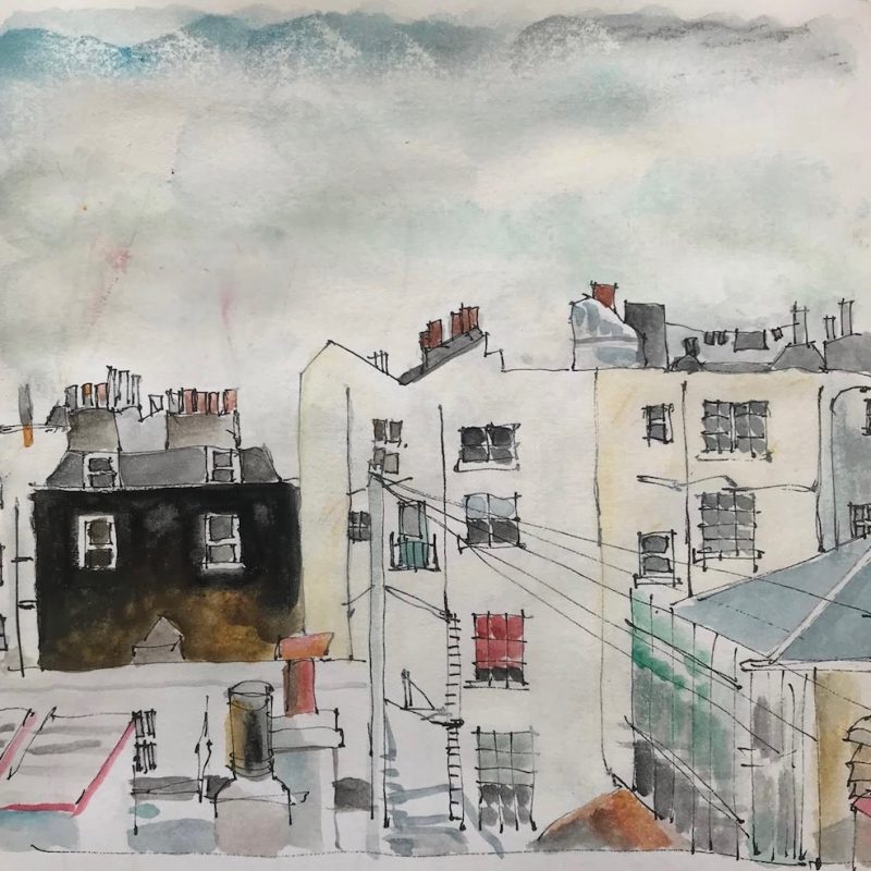 Sketchy, detailed ink line drawing of buildings and sky with muted watercolour.