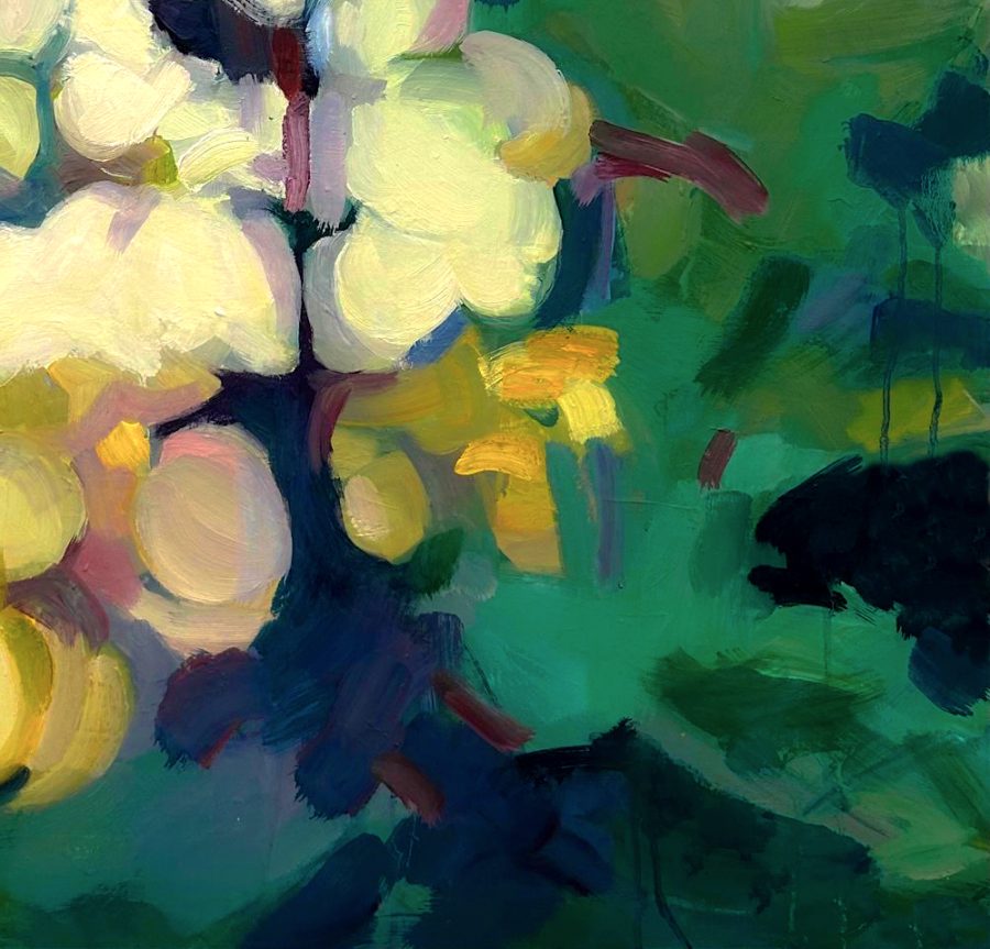 A close up section of this abstract painting suggesting dappled light through foliage in various shades of green.
