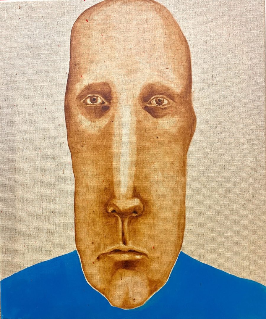 A surreal portrait of a man with an extremely elongated face and long nose, pale brown skin tones, small solemn eyes, and a bright blue shirt against a plain beige background.