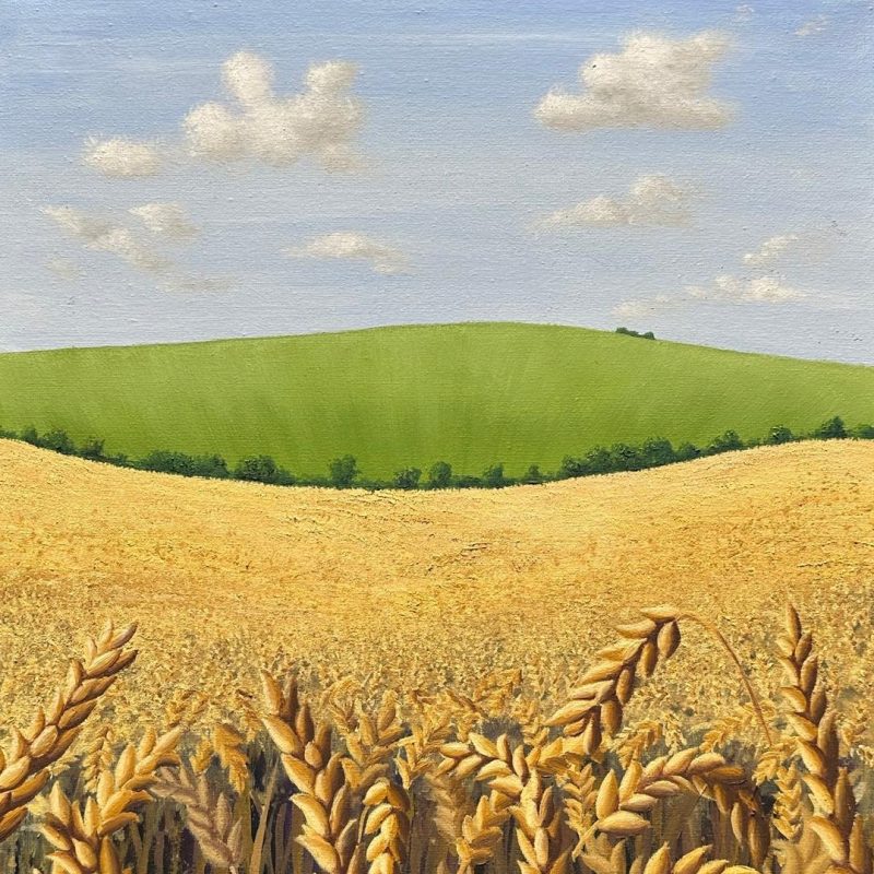 A painting of a field of wheat with a field of grass behind this