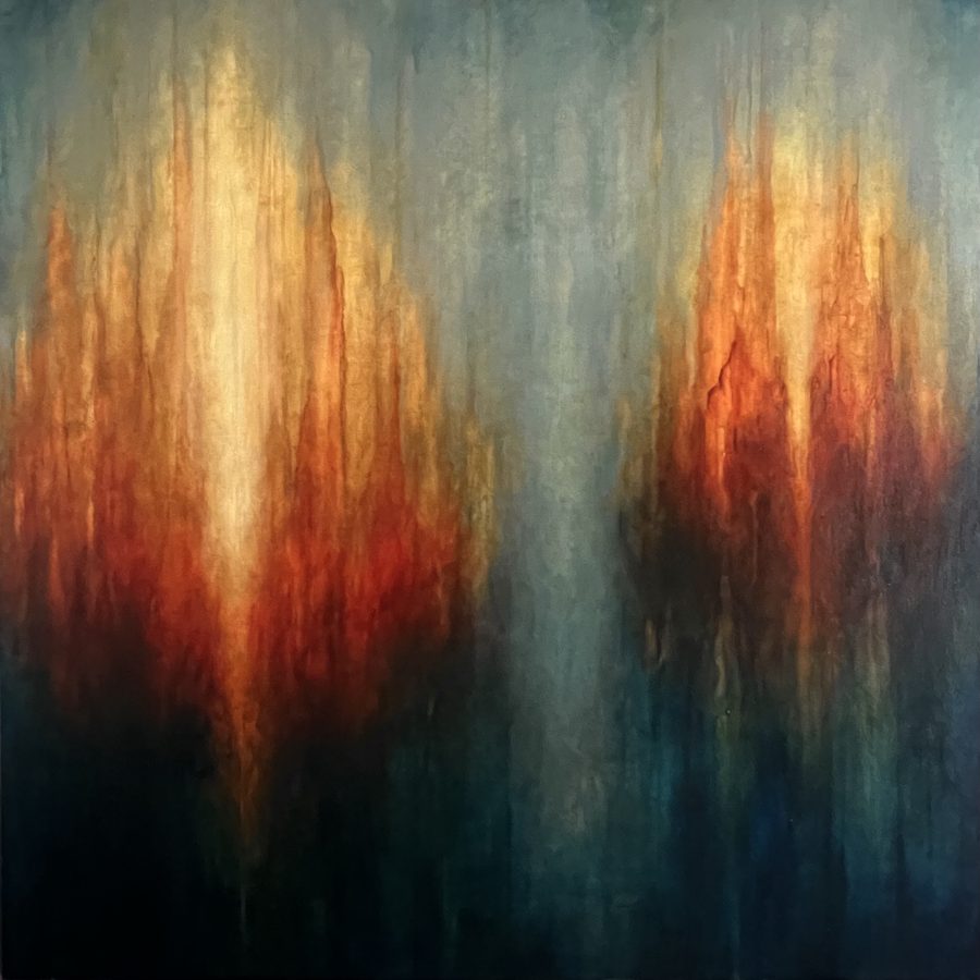 a dramatic abstract painting with two bright areas of red, orange and yellow appearing tio float on a blue background