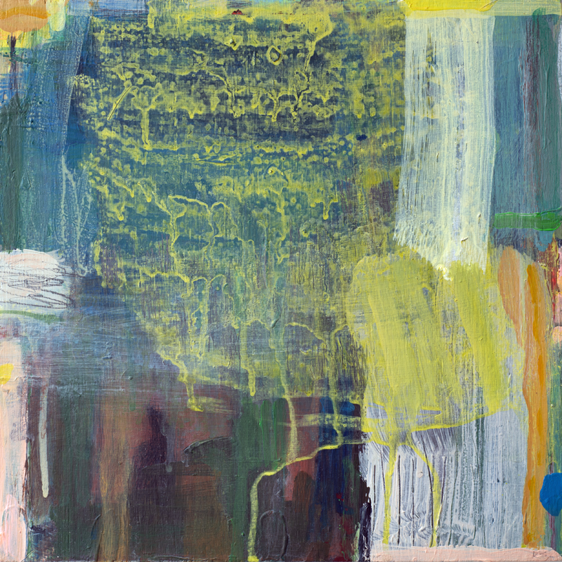 A square abstract paining on board, the suggestion of a figure at the bottom, a silhouette, and sweeping across a large area of the painting a dripping sweep of yellow paint, which gave the painting its name, Mimosa, it evokes the feeling of walking through blossom, being enveloped in its colour and scent.