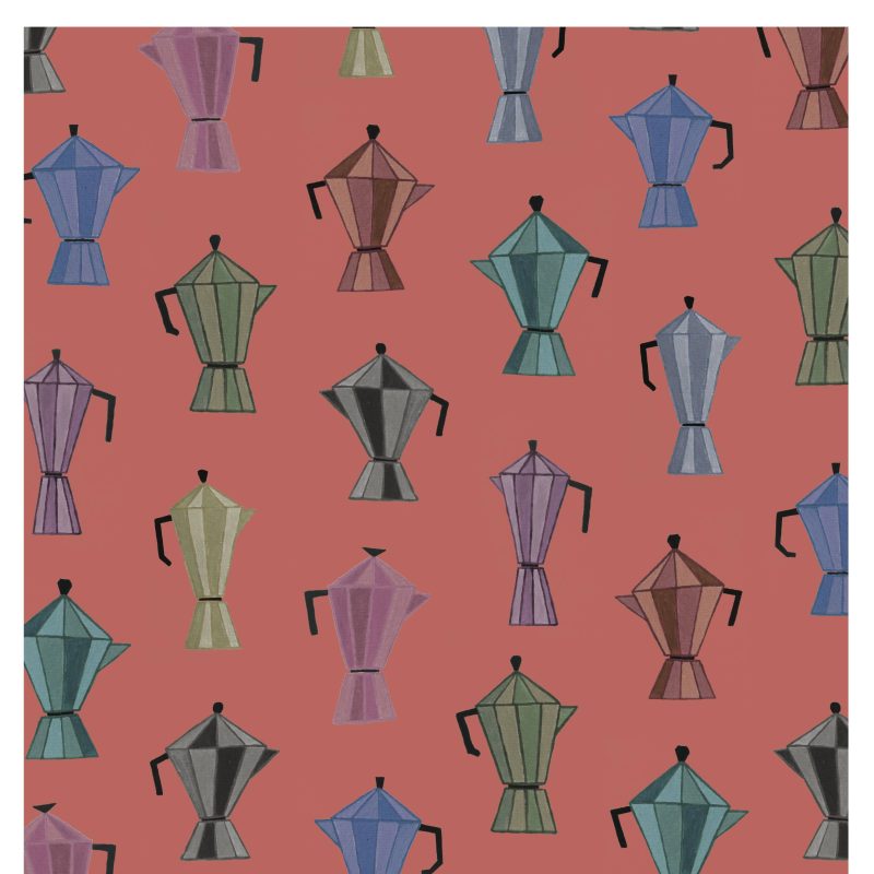 Different colourful coffee pots arranged as a pattern